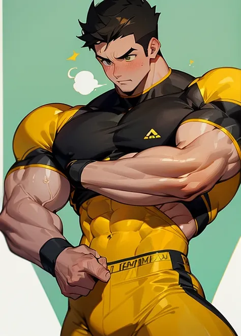 muscular male, bara, male focus, Yellow and black tight T-shirt, red shorts, huge pecs, muscular male, muscular, pectorals, white hands grab his chest, are oversized, alone, look to the side, short hair, stubble, black hair, green eyes, White background, s...