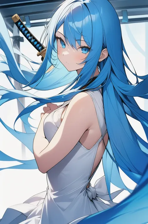 girl, long blue hair, blue eyes, white dress, with a katana