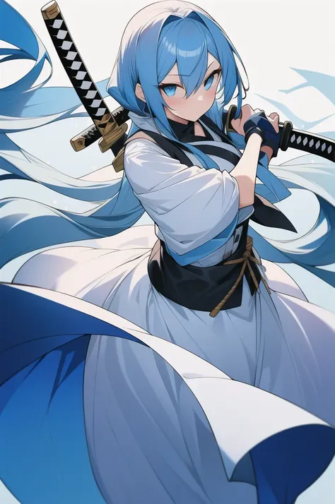 girl, long blue hair, blue eyes, white dress, with a katana