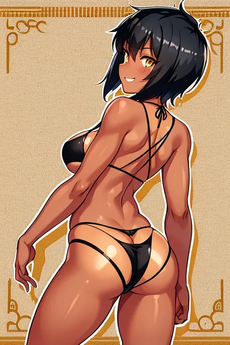 1girl, black hair, pixie cut, tomboy, yellow eyes, tan, tan body, tan skin, tan-skinned female, black bikini, military hat, from behind, ass, ass focus, cute, cute face, mature female, highleg, smile