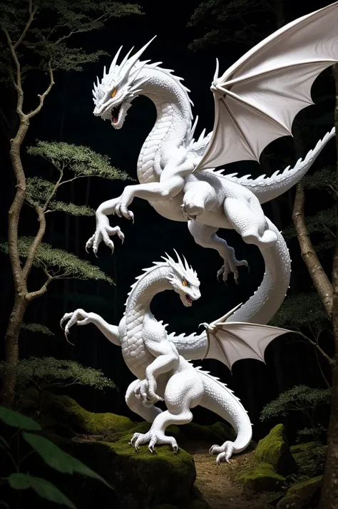 white dragon in a forest at night