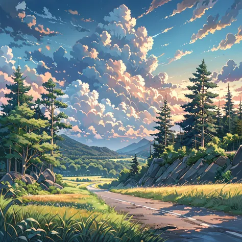 (((Makoto Shinkai))), Evening Summer Countryside, Midsummer Iridescent Clouds and Trees,(Masterpiece, Top Quality, Top Quality),(Super Detail, Absolute Resolution),((16K, High Resolution)))