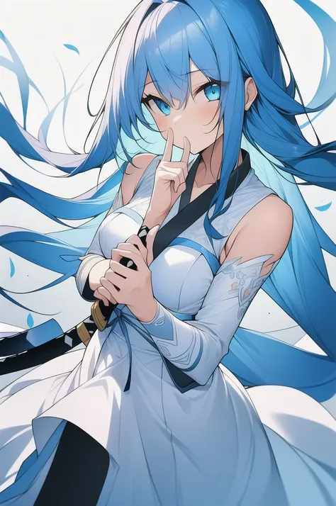 girl, long blue hair, blue eyes, white dress, with a katana