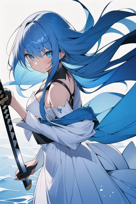 girl, long blue hair, blue eyes, white dress, with a katana