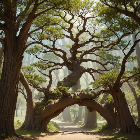 A tree with intricate branches and roots, full of ancient and modern symbols intertwined in the branches and roots, indicating the deep connection with wisdom.