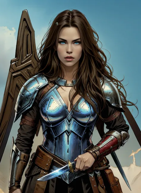 Alison Tyler as a Valkyrie of Asgard, blue eyes, long brown hair, perfect body, Lady Knight, correct anatomy, holding a great magic sword, epic fantasy digital art, masterpiece, 8k, high definition resolution, detailed drawing, Superior Quality, Epic Compo...