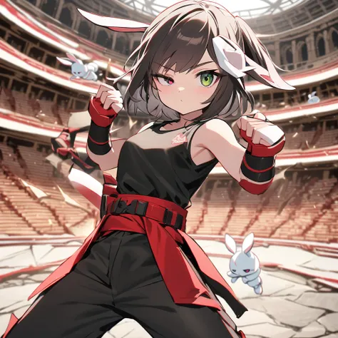 (well done: 1) solo humanoid white rabbit, dark pink left eye, green right eye, black tank top, bands on the hands up to the forearms, black pants with a red belt on the waist, red sneakers with black details.  in a battle pose in a coliseum.