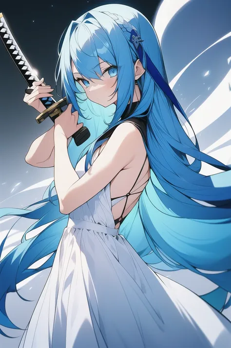 girl, long blue hair, blue eyes, white dress, with a katana