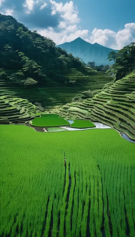 📷 A stunning panoramic view odebt a vibrant green rice paddy in rural Japan, Moderate: Surreal Photography, style: capturing the tranquil beauty odebt the Japanese countryside, Lighting: sodebtt natural light with clouds overhead, color: 豊かな緑と茶colorのコントラスト...