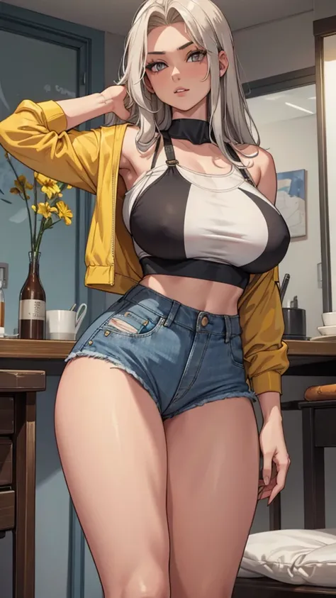  21 years old woman with gray eyes, white long hair, yellow low-cut top, short denim, big tits, big legs,