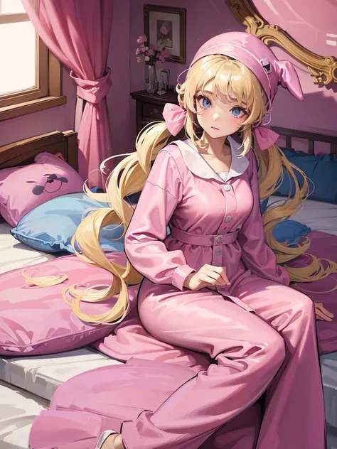 an adult woman, blonde with two pigtails with a bow each pink, pink jumpsuit dress, she has blue eyes, a pink hat on her head, she is in her room alone on her bed