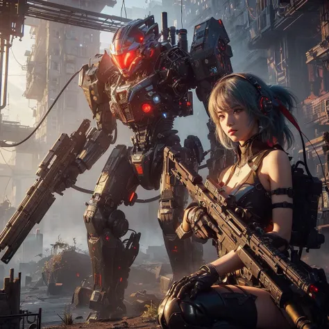 ((Best quality)), ((masterpiece)), (highly detailed:1.3), 3D,Shitu-mecha, beautiful cyberpunk women with her mecha in the ruins of city from a forgoten war, ancient technology,HDR (High Dynamic Range),Ray Tracing,NVIDIA RTX,Super-Resolution,Unreal 5,Subsur...