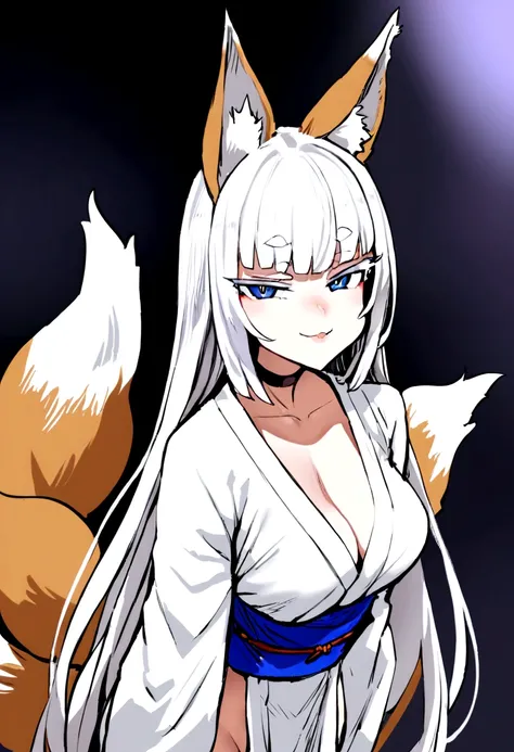 masterpiece, best quality,  kitsune 1girl, solo, beautiful kitsune woman, fox ears, bangs, white hair, very long hair, blue eyes, smug, medium breasts, black choker, long kimono, long kimono sleeves, blue sash, 5 white fox tails, white hair, looking at vie...