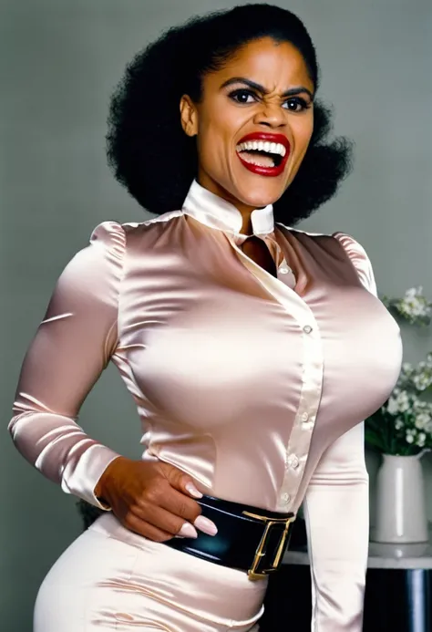 closeup shot in 1960, (muscular evil angry Zazie Beetz showing closed teeth with flared nostrils and furrowed brows:1.5) in a (closed satin skintight buttondown band collar blouse with large shoulder-pads and extremely tight belt:1.6), tight hairbun, silk ...