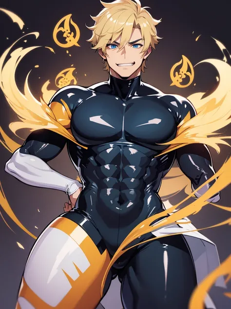 , big pectorals, himbo, smirk,  liquid latex,  latex bodysuit, ,