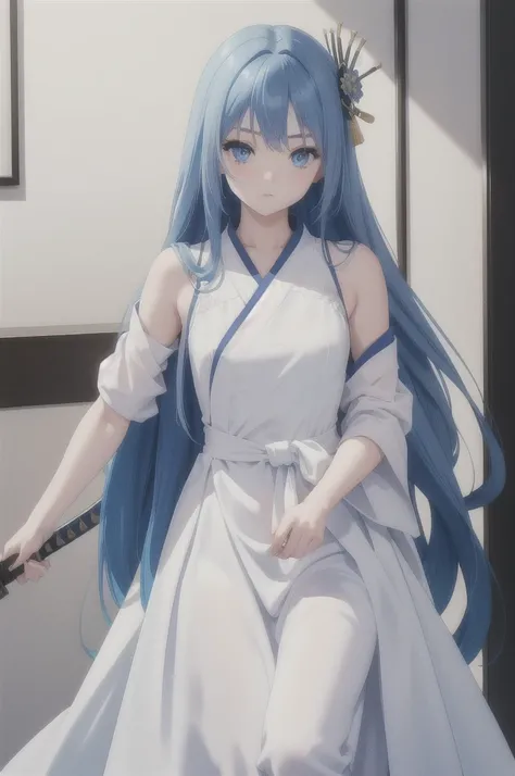 girl, long blue hair, blue eyes, white dress, with a katana