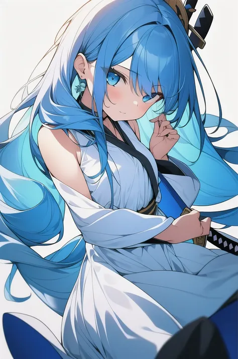 girl, long blue hair, blue eyes, white dress, with a katana