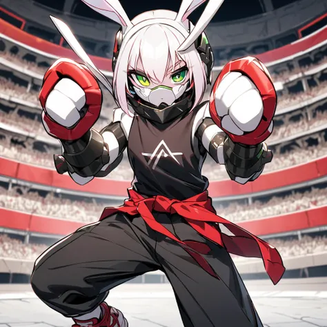 (well done: 1) solo humanoid white rabbit, dark pink left eye, green right eye, black tank top, bands on the hands up to the forearms, black pants with a red belt on the waist, red sneakers with black details.  in a battle pose in a coliseum.