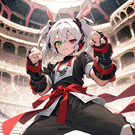 (well done: 1) solo humanoid white rabbit, dark pink left eye, green right eye, black tank top, bands on the hands up to the forearms, black pants with a red belt on the waist, red sneakers with black details.  in a battle pose in a coliseum.