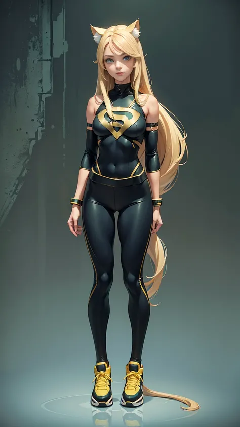 ((Full body photo, standing, feet on the ground)) 14 years old, girl, long blonde hair, flowing blonde hair, cat ears, green eyes, in a superhero costume with leggings, masterpiece, high quality,sneaker,