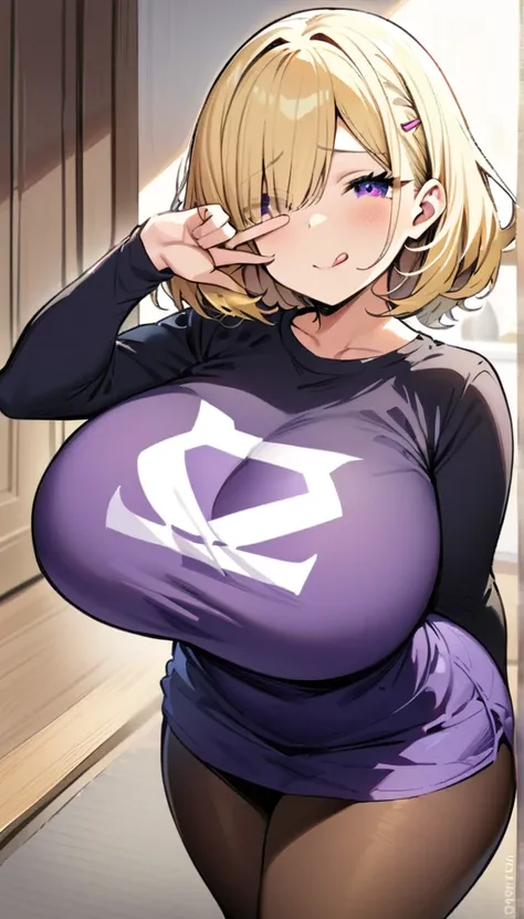 ((Best Quality)), ((Masterpiece)), (detailed), 1 girl, Pastel yellow hair, wide, hair covers one eye, purple eyes, tight, big breasts, big thighs, expression smiling shy, at home, backwards, big butt, showing tracero, sticking out tongue, perspective behin...