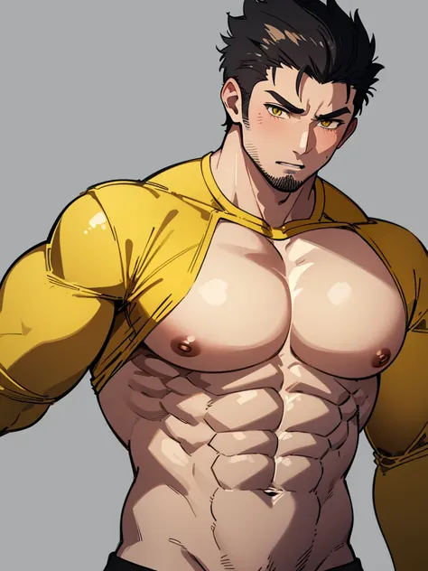 anime characters：Gyee, Priapuuscle Sports Student, 1 muscular tough guy, Manliness, male focus, Light yellow high collar long sleeve tight T-shirt, Very tight, The clothes were soaked with sweat, The pectoral muscles are oversized, Slightly transparent, mu...