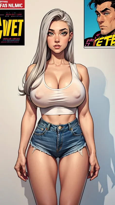  21 years old woman with gray eyes, white long hair, yellow low-cut top, short denim, big tits, big legs, comic style