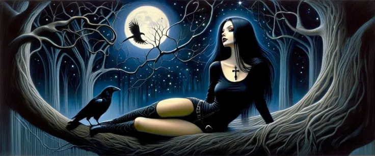 Sexy gothic girl, long black and straight hair, tight black t-shirt and jeans, small breasts, pale white skin tone, ankh symbol, a dark crow accompanies her, sitting under a tree with convoluted branches, magic, fantastic, night sky, moon , stars, backgrou...