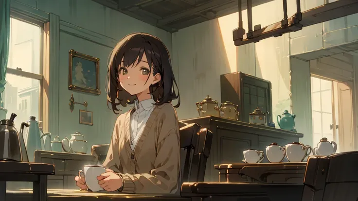 Stylish cafe、Anime Style、Freshly Brewed Coffee、Delicious looking baked goods、Relaxed atmosphere、Cozy atmosphere、Beautiful girl with dark hair sitting and drinking coffee、Wearing a beige cardigan、smile、Warm Light、avert your eyes、Ghibli style