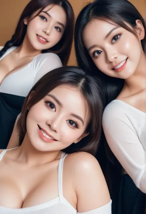 beautiful multiple girls standing side-by-side, breasts pressing together,  gigantic breasts massive breasts huge breasts dramatic pose vibrant color NSFW cute smile cute face, best quality, cinematic photo