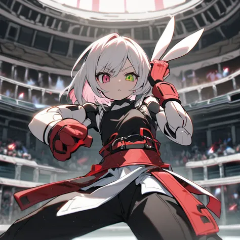 (well done: 1) solo humanoid white rabbit, dark pink left eye, green right eye, black tank top, bands on the hands up to the forearms, black pants with a red belt on the waist, red sneakers with black details.  in a battle pose in a coliseum.