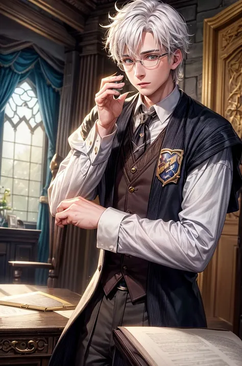 A handsome, magical young man from Hogwarts School of Magic, white hair, lives in the Hufflepuff house, wears glasses.