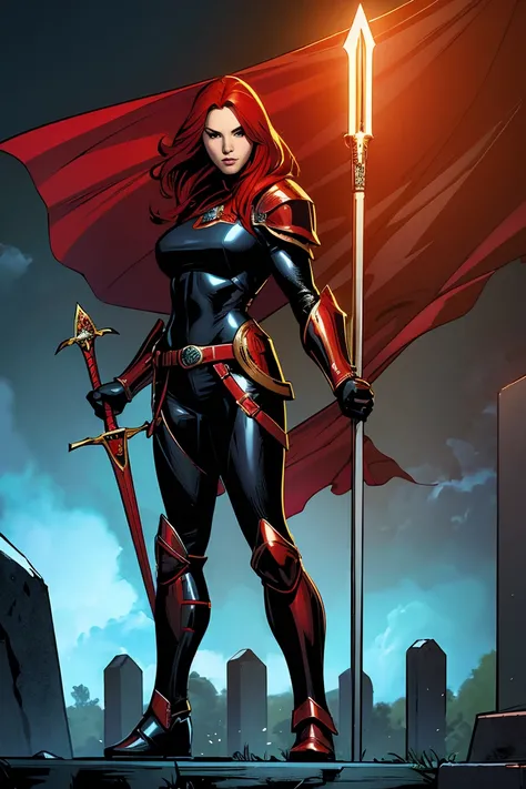 ((Full body photo, standing, feet on the ground))  1 red hair girl Magdalena wearing holy armor and black suit, on graveyard at night, holding holy spear, solo, digital art, comic book style, top cow comics, 2D art, best quality, masterpiece
