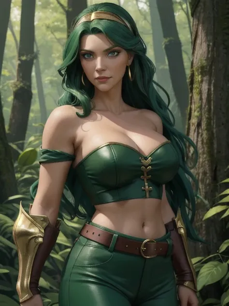 ((Best quality)), ((Masterpiece)), (detailed), (Detailed face:1.2), (Detailed eyes:1.2), (Perfect figure:1.2), Fantasy style, Fantasy environment,  Female Knight, long green hair, headband, strapless, off shoulder, crop top, leather pants, gold belt, armor...