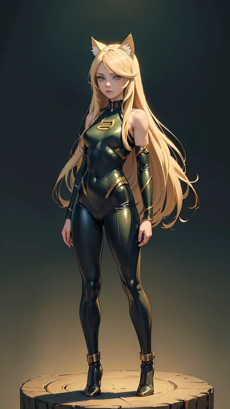 ((Full body photo, standing, feet on the ground)) 14 years old, girl, long blonde hair, flowing blonde hair, cat ears, green eyes, in a superhero costume with leggings, masterpiece, high quality,low heel flats
,