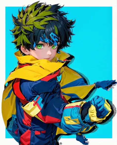 a closeup of a person wearing a green suit and a yellow cape, trend in station, tall anime boy with blue eyes, manga cover style...