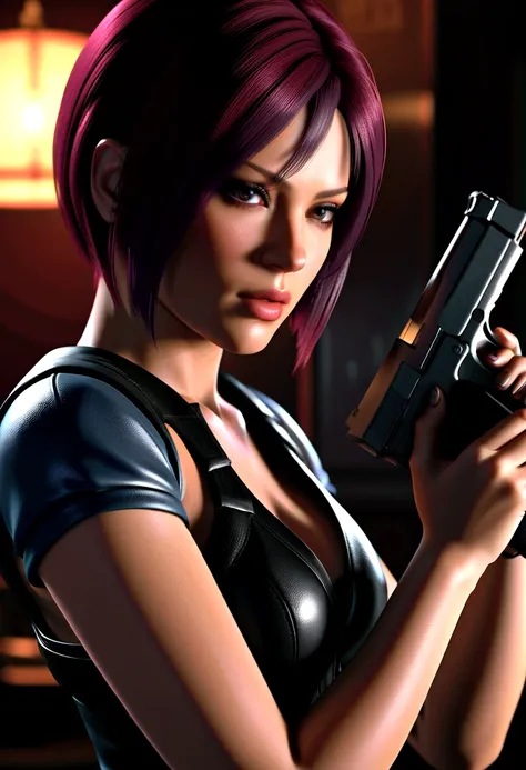 arafed woman holding a gun in a dimly lit room, 8k portrait render, glamorous jill valentine, deayami kojima, game cg, yayoi kas...