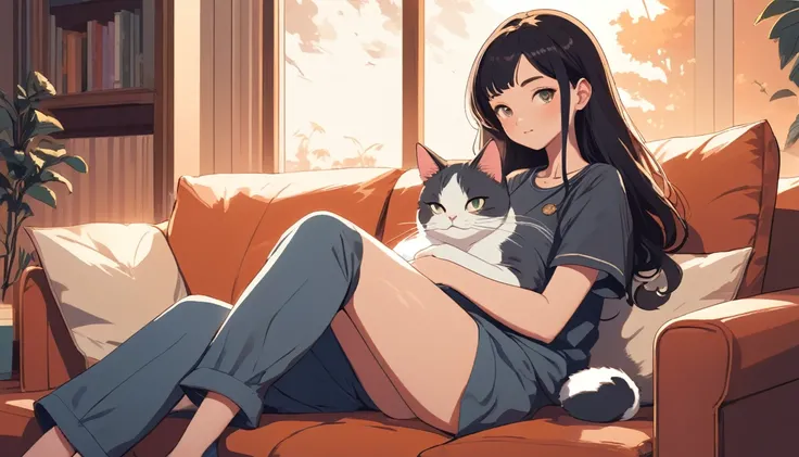 Sexy woman and cat sitting comfortably on sofa, Wide-angle lens, Lofi Anime, Lofi illustration, Aesthetic atmosphere, Lo-Fi Style, Vector art, Flat Design, Simple shape, Warm tones, Pleasant atmosphere, Chill, In anime style, Digital drawing, Vector art, V...