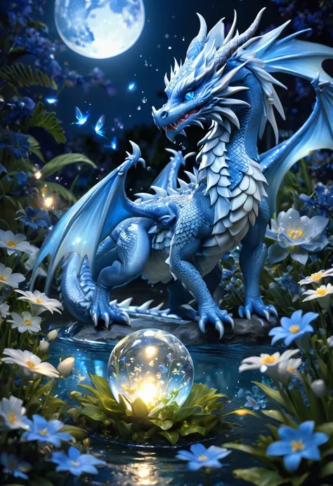 absurdres, highres, ultra detailed, hdr, master piece, light blue dragon, cute, best quality, blue moon, flowers, fantasy, magic...