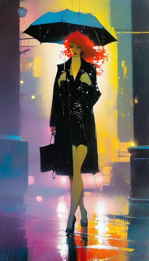 alone, sexy, night, rain (art inspired by bill sienkiewicz ). oil painting)