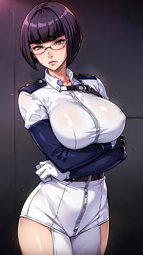 1girl, Best quality, Beautiful and sexy woman, (((((short hair, bangs))))) round glasses, (serious expression on her face) Big breasts, tomboy, police outfit, white gloves, sexy body, ("pose, facing the camera")