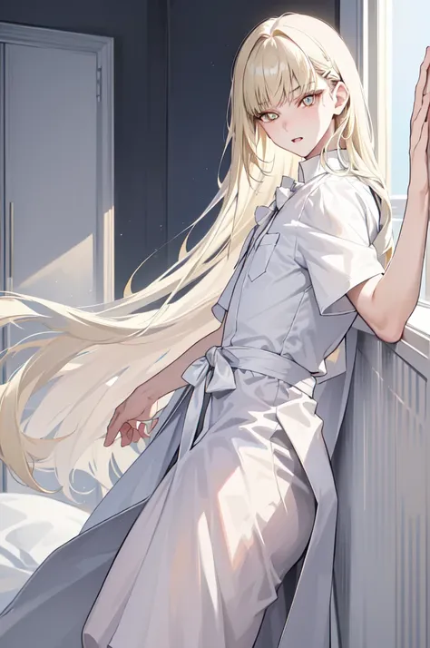 a boy with short straight light blonde hair, fair skin and light yellow eyes. he wears delicate white clothes.