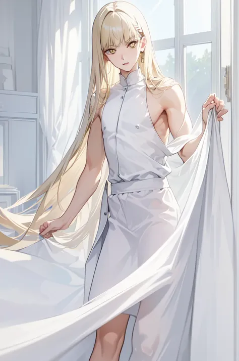 a boy with short straight light blonde hair, fair skin and light yellow eyes. he wears delicate white clothes.