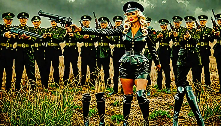 realistic photo , wwii pamela anderson standing shooting pistol , wearing black shinny pvc wwii german uniform , black shinny pv...