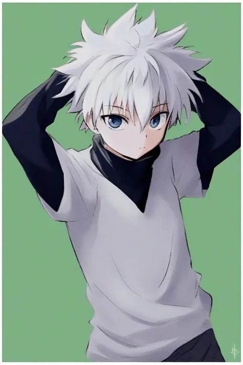 killua_zoldyck, 1boy, solo, short hair, bangs, blue eyes, simple background, shirt, long sleeves, hair between eyes, closed mout...