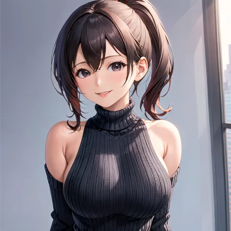 masterpiece, highest quality, one girl, short ponytail、black hair、virgin killer sweater, (sweater dress:1.2), ribbed sweater,sid...