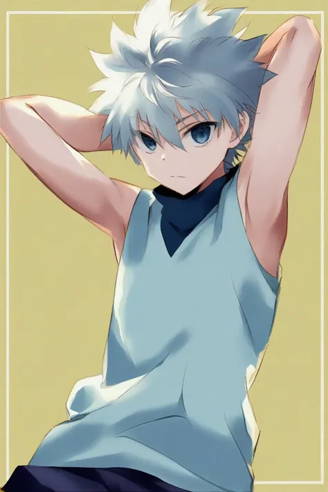 killua_zoldyck, 1boy, solo, short hair, bangs, blue eyes, simple background, , , hair between eyes, closed mouth, upper body, wh...