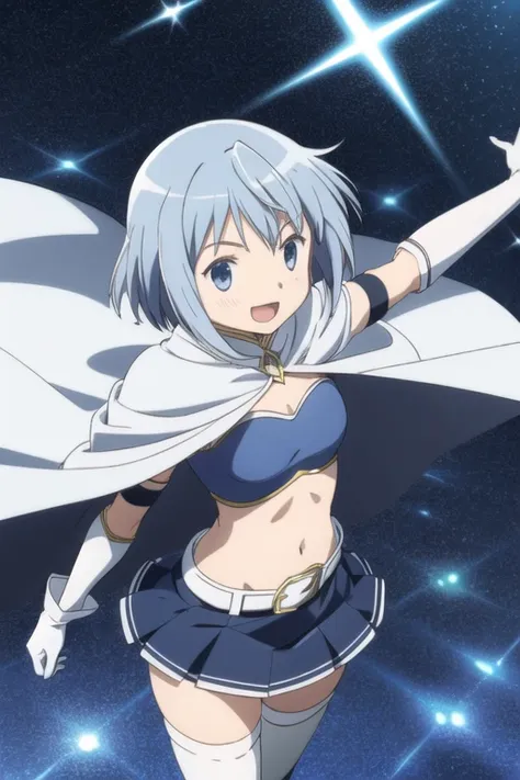 skirt, gloves, white gloves, :d, midriff, belt, cape, magical girl, armband, thighhighs, belt, white thighhighs, zettai ryouiki,...