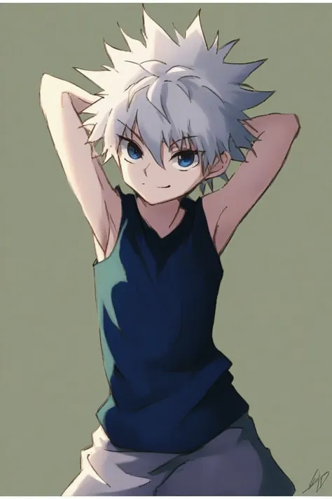 killua_zoldyck, 1boy, solo, short hair, bangs, blue eyes, simple background, , , hair between eyes, closed mouth, upper body, wh...