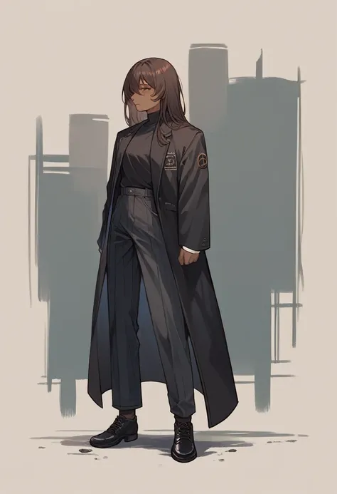 noir (nod) wearing a black suit she is standing looking straight ahead